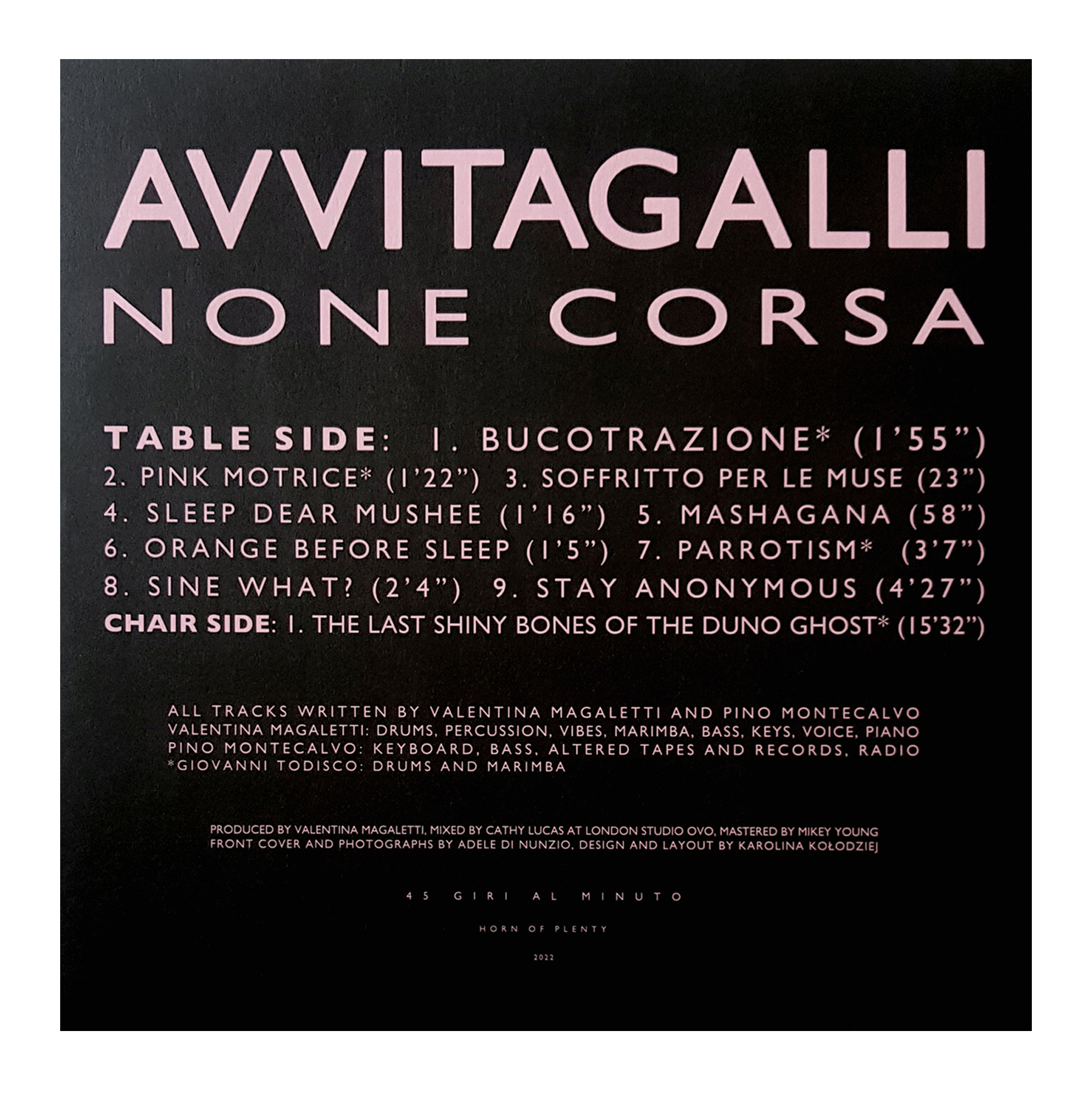 Avvitagalli - None Corsa (Horn of Plenty, 2022). Record cover design by Karolina Kołodziej (Kolography). Feat. Adele di Nunzio photography.